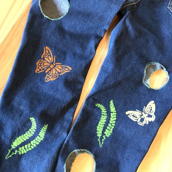 Cutout Jeans Women, Junior Size 15: Upcycled Painted Butterfly Funky Pants - Picture 10 of 13